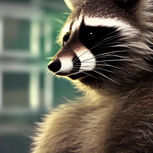 Prompt: a raccoon with a telephoto lens for a nose, octane render, hyperrealism, photorealism, unreal engine, dramatic lighting, volumetric lighting, uplighting