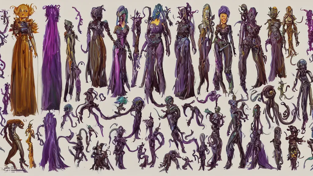 Image similar to highly detailed colorful character sheet for a stocky extraterrestrial female servant maid with thick snake - like tentacles for hair, long dress with apron, star wars, farscape, impact by craig mullins, by studio ghibli, digital art, trending on artstation, hd, 8 k, highly detailed, good lighting, beautiful, masterpiece