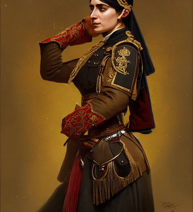 Image similar to portrait of a turkish woman wearing a traditional nineteenth century ottoman empire military uniform, metal shoulder pauldrons, intricate, highly detailed, digital painting, artstation, concept art, sharp focus, cinematic lighting, illustration, art by artgerm and greg rutkowski, alphonse mucha, cgsociety