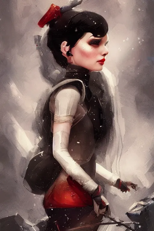 Prompt: snow white, transistorpunk, oil painting, darkness, paint texture, digital painting, highly detailed, artstation, sharp focus, illustration, concept art, ruan jia, charlie bowater, tom bagshaw, norman rockwell