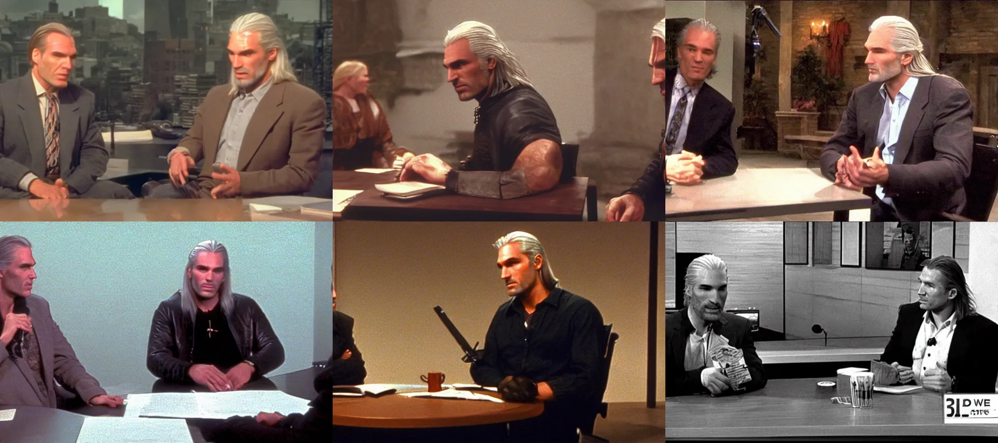 Prompt: Geralt of Rivia being interviewed by Charlie Rose in 1995, cinematic, wide angle, 35mm, television, screengrab, chair beside desk, looking at interviewer, TV show still