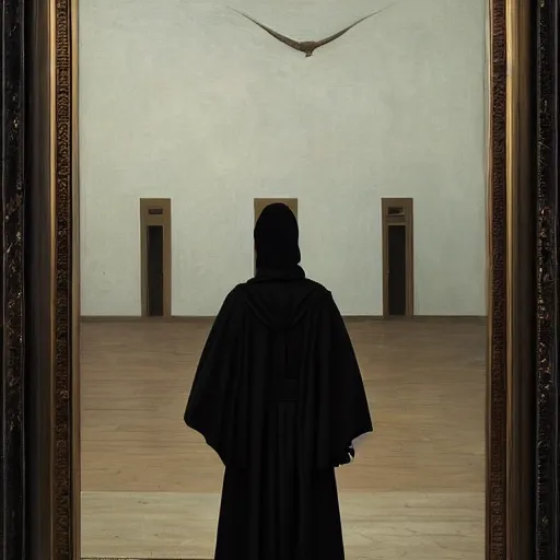 Image similar to the grim reaper standing stoic in black robe, waiting patiently, in a museum with paintings and people, perfect composition, by edmond leighton, simon stalenhag