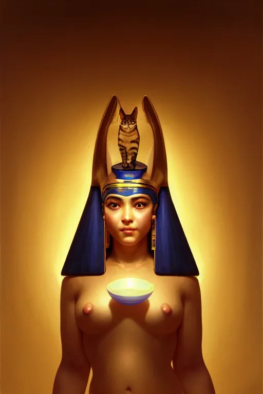 Image similar to softly lit portrait of the beautiful chonky egyptian goddess, bastet, bast, woman / cat hybrid, soft torchlight in an egyptian tomb, digital art by ruan jia and mandy jurgens and artgerm and william - adolphe bouguereau, highly detailed, trending on artstation, award winning,