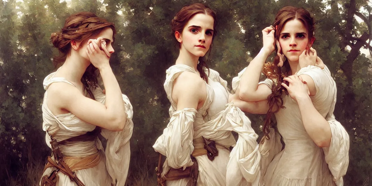 Image similar to emma watson southern belle style artgerm greg rutkowski alphonse mucha william adolphe bouguereau