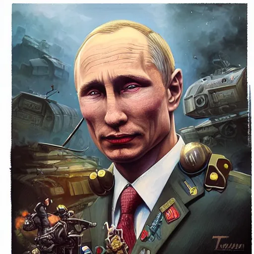 Image similar to lofi biopunk Putin crushed by Ukrainian tank, Pixar style by Tristan Eaton Stanley Artgerm and Tom Bagshaw.