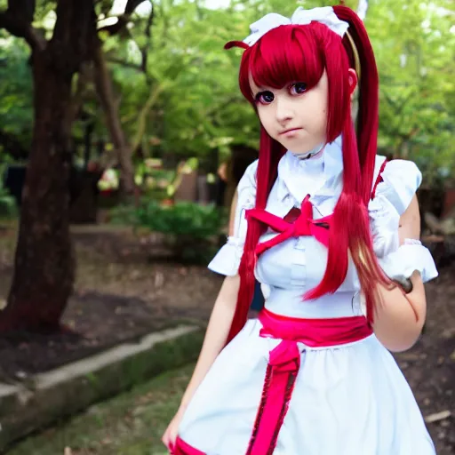 Image similar to a high definition photo of a young cosplayer with twin tails, wearing maid dress