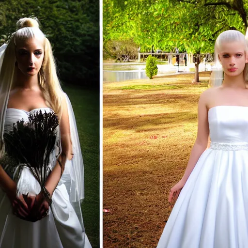 Prompt: a symmetric and beautiful face, professional full length high definition photo of a young blonde woman with twin tails and wedding dress posing in a park