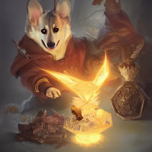 Prompt: corgi, d & d character art, arcane trinkets, magic potions, glowing spell effects, hyperrealistic, extremely detailed digital illustration by greg rutkowski and artgerm, trending on artstation, masterpiece, award - winning, 8 k