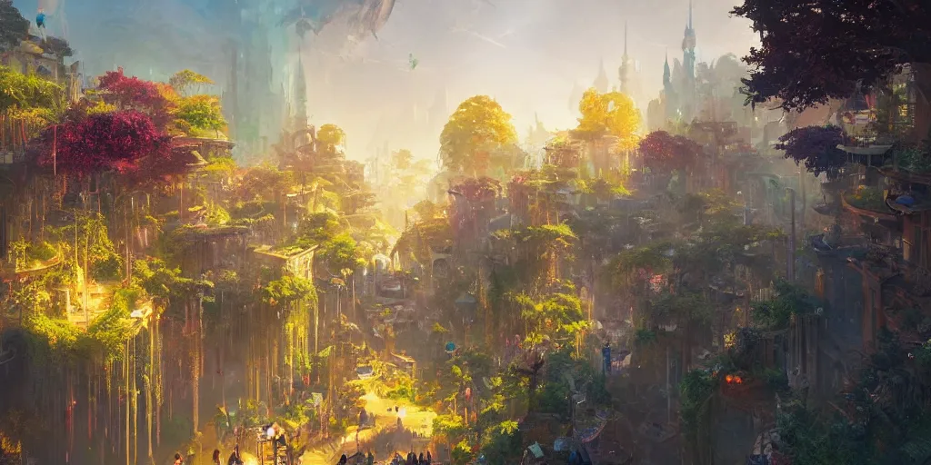 Prompt: a breathtaking fantasy solarpunk city, illustration by tiago sousa and greg rutkowski, bright sunlight, vivid and colorful trees and plants and flowers, smooth digital concept art, 4 k, trending on artstation