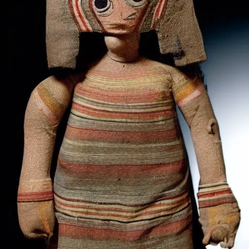 Prompt: An exceptionally well preserved Chancay textile doll, some 700-1000 years old; from late Intermediate period, Peru. Walters Art Museum, Baltimore, USA.