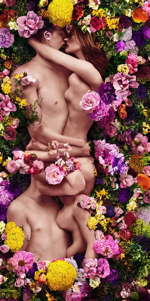 Image similar to human bodies intertwined, a lovely cornucopia of flowers and human body parts, body parts, highly detailed, octane render, cinematic