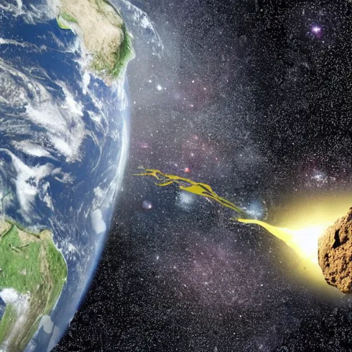 Image similar to an asteroid shaped as a banana destroying earth