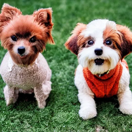 Image similar to cute photo of two silly happy little dogs one black and one brown, in the park, sunny morning, photorealistic, cute, highly detailed