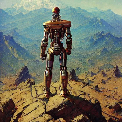 Image similar to robotic warrior standing on top of a mountain with a beautiful cosmic background by by norman rockwell, jack kirby, bergey, craig mullins, ruan jia, jeremy mann, tom lovell, deviantart, cgsociety, trending on artstation, award winning, 8 k resolution, sharp focus