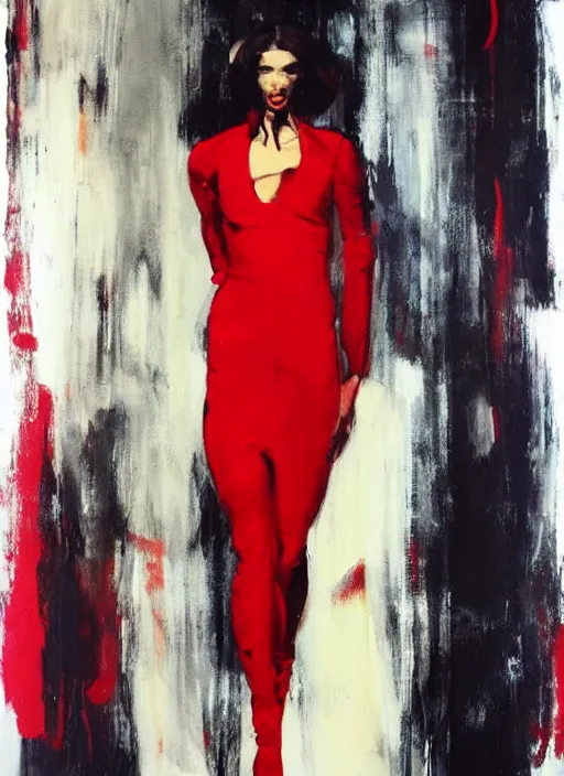 Image similar to fashion model in red dress, painting by phil hale, fransico goya,'action lines '!!!, graphic style, visible brushstrokes, motion blur, blurry, visible paint texture, crisp hd image