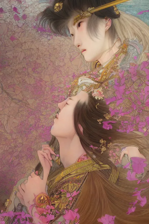 Image similar to breathtaking detailed soft painting of a samurai queen with long flowing red hair, anime style, pastel flower petals flying, at dawn in front of a pristine art nouveau cathedral, elegant, volumetric lighting, highly detailed, artstation, concept art, matte, sharp focus, art by pilyeon, matcha art and Alfons Mucha