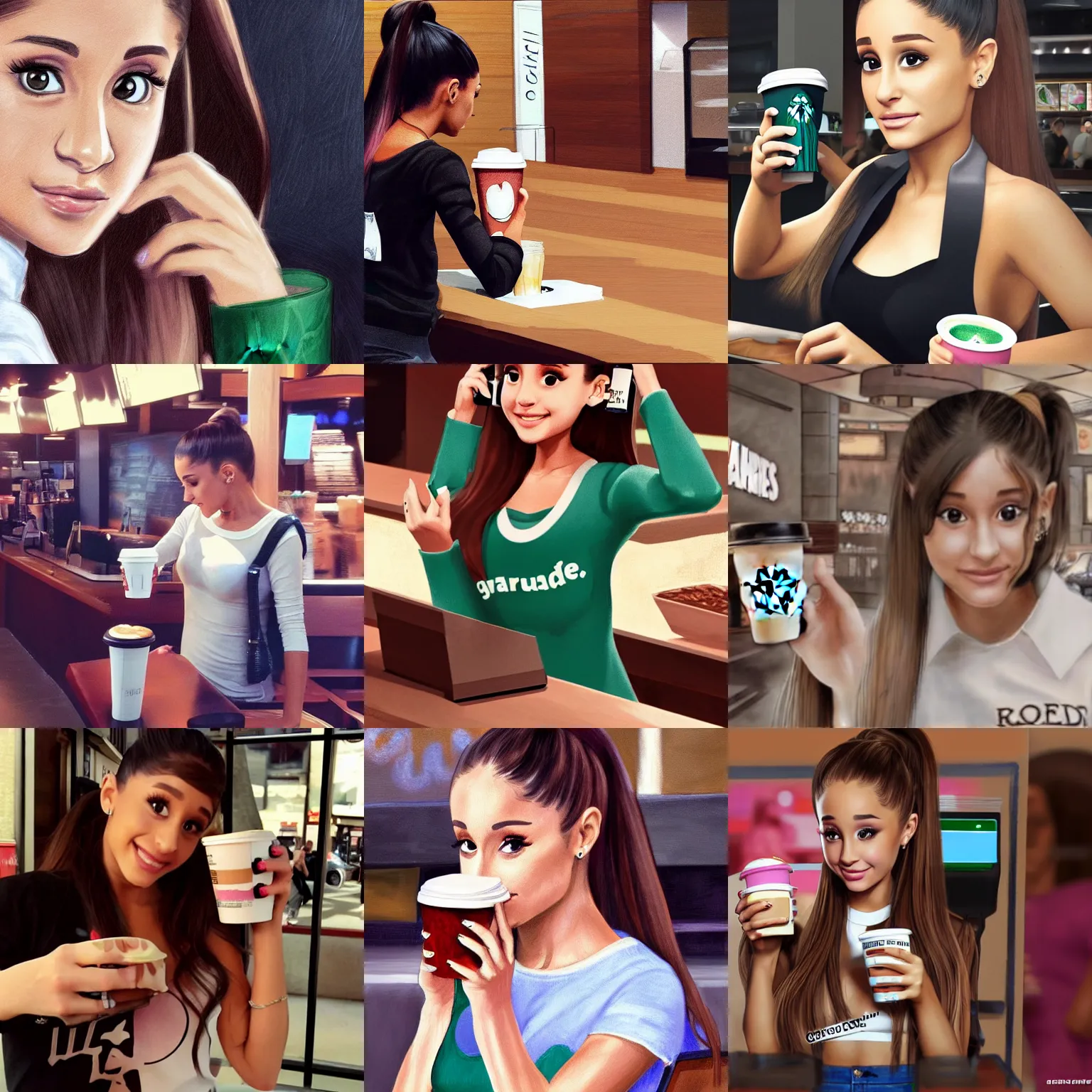 Prompt: Ariana Grande ordering a Grande coffee at Starbucks, photo realism, ArtStation