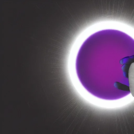 Prompt: a hand grabbing a perfectly circular white orb that emits dark light, decayed, glitchart, epic, black and white with purple highlights