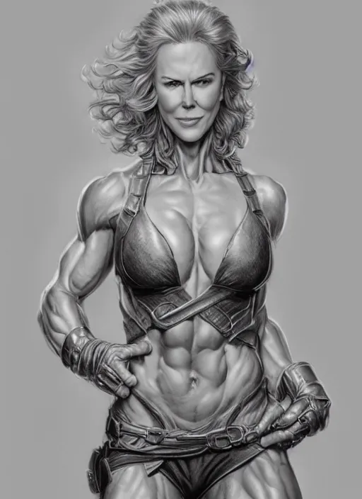 Image similar to muscled Nicole Kidman as a ruggedly handsome hero, intricate, elegant, highly detailed, centered, digital painting, artstation, concept art, smooth, sharp focus, illustration, artgerm, donato giancola, Joseph Christian Leyendecker, WLOP, Boris Vallejo, Artgerm