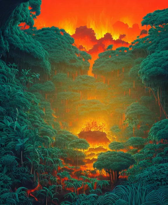 Image similar to simplicity, an simple structure made out of exotic fungus, overgrown with lush floral jungle, partly cloudy, hellscape, hell, fire, brimstone, lava, by dan mumford, yusuke murata, makoto shinkai, ross tran, cinematic, unreal engine, cel shaded, featured on artstation, pixiv