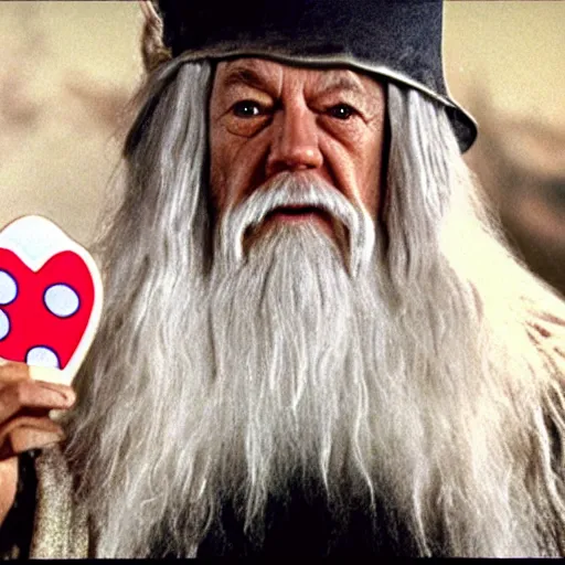 Image similar to portraid of happy gandalf wearing a Hello Kitty costume, holding a blank playing card up to the camera, movie still from the lord of the rings