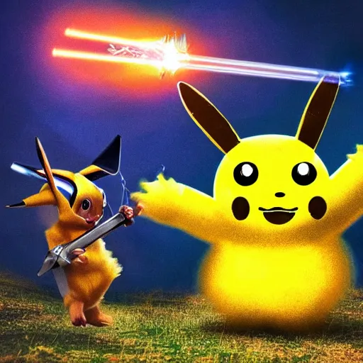 Prompt: a magnificent unbeatable monster with laser sword arms fighting a wild hairy giant picachu wearing armor and holding a silver sword