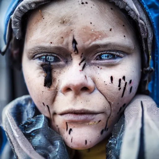 Image similar to photographic portrait of a poor techwear woman holding back tears, a futuristic shanty town burns in the background, closeup, sigma 85mm f/1.4, 4k, depth of field, high resolution, 4k, 8k, hd, full color