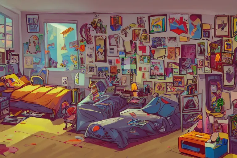 Image similar to a room of an american teen, graffiti and posters on the wall, bed, guitar, bookshelves, toys, bright, 8 0 s style, nostalgic, the sun shines in, warm, cozy, isometric art, bright, artstation, highly detailed, cinematic lighting + masterpiece