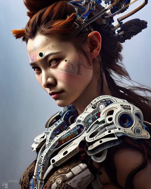 Image similar to portrait of a machine from horizon zero dawn, machine face, upper body, decorated with opera motifs, asian, traditional chinese art, intricate, elegant, highly detailed, digital painting, artstation, concept art, smooth, sharp focus, illustration, art by artgerm and greg rutkowski and alphonse mucha, 8 k