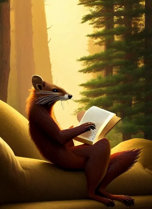 Prompt: A beautiful scene from a 2022 fantasy film featuring a humanoid pine marten reading on a couch. An anthropomorphic pine marten wearing a white shirt with a book. Golden hour. Trending on CGSociety.