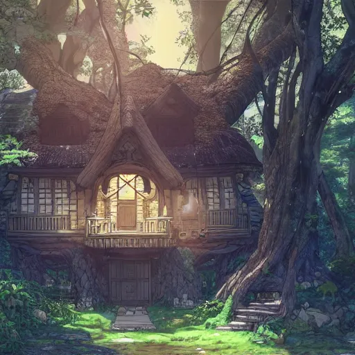 Image similar to beautiful house on a forest path, beautiful ancient trees, hiding large treasure chest, serene evening atmosphere, soft lens, soft light, cel - shading, animation, in the style of cgsociety, deviantart, artstation, zbrush, cinema 4 d, studio ghibli, akihiko yoshida, atelier lulua, masamune shirow, mcbess