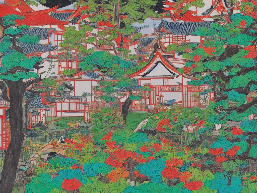 Prompt: painting of a traditional japanese house with a garden, a pond in the garden, startroopers are sitting around the pond, a combination of pop art and traditional japanese painting styles, the style of andy warhol and jackie tsai, bright palette, acrylic on canvas