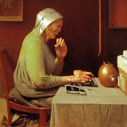 Prompt: elderly cyborg weeping desperate grandma trying to figure out how to order an online pizza sitting in her small room glaring at her lenovo thinkpad laptop t 4 1 0 8 gb ram norman rockwell leonardo da vinci giotto jamie wyeth greg rutkowski winslow homer thomas eakins lucian freud edward hopper j. m. w. turner oil painting anachronistic realism