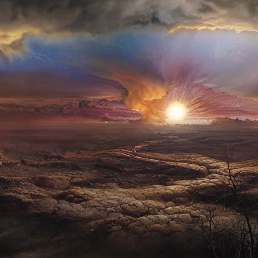 Image similar to the end of the world when the sun expands and burns the earth, highly detailed matte painting