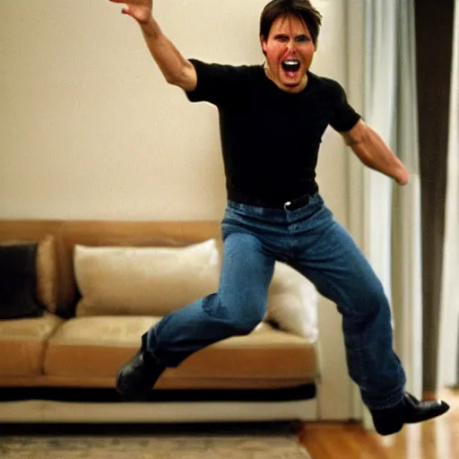 Prompt: tom cruise jumping on couch and screaming