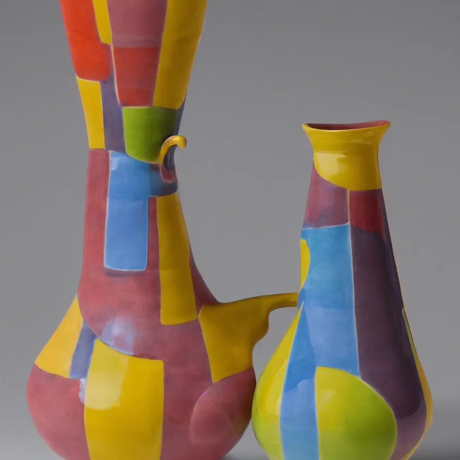 Image similar to beautiful ceramics studio photograph of a tall colorful geometric symmetrical fancy porcelain jug glazed by paul klee and placed on a polished wooden table, hyperrealism 8 k trending on artstation