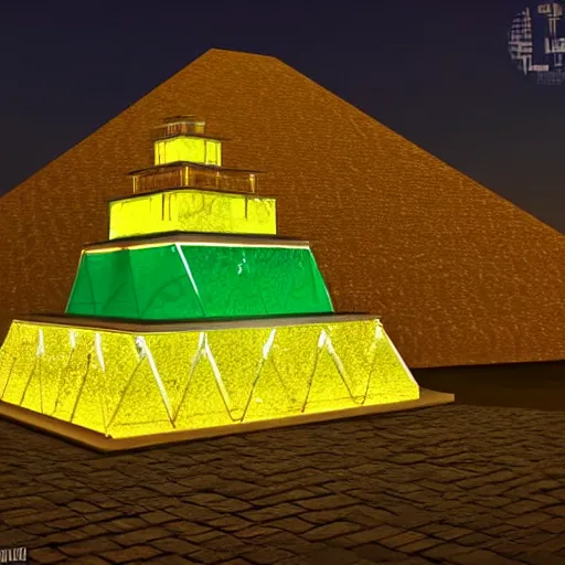 Prompt: pyramids made of colored glass at night, trending on artststion. unreal engine