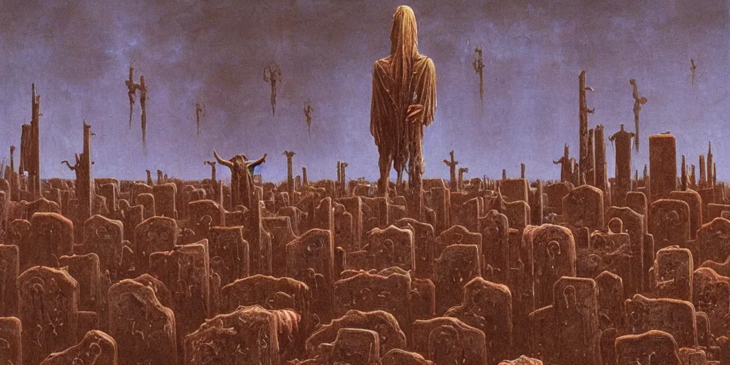 Image similar to demonic alien with long fingers surrounded by tombstones and floating cows, Beksinski