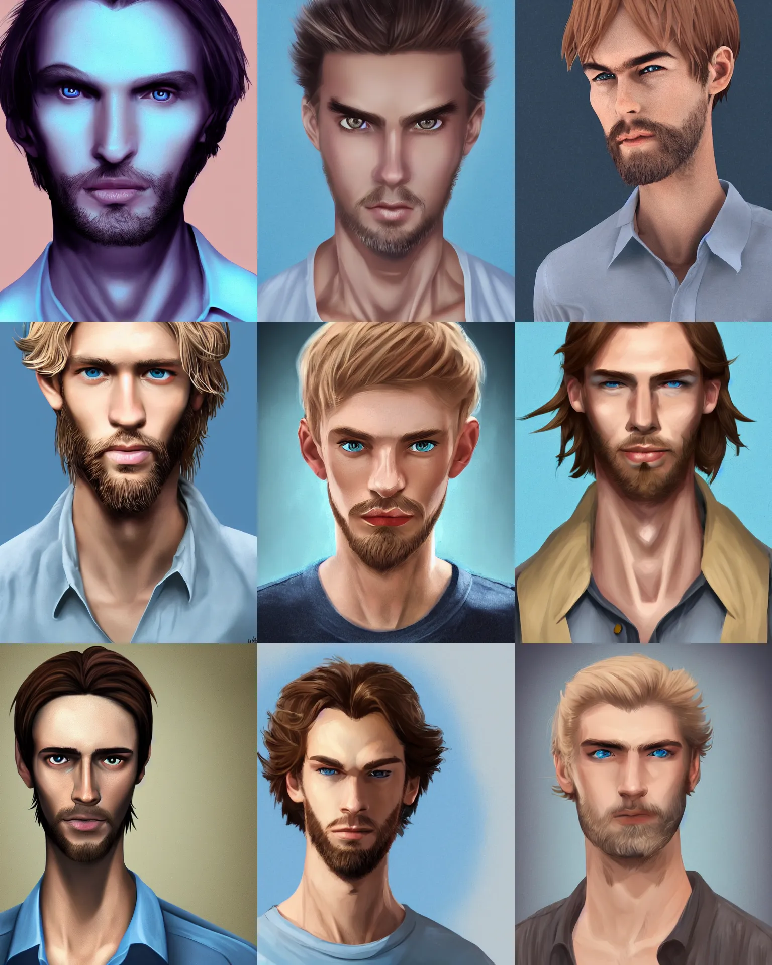 Prompt: digital portrait of a skinny european male, slightly longer blond hair and a light stubble beard, wearing a light blue shirt, blue eyes, rugged, teenage, fantasy, wizard, trending artstation, dungeons & dragons, relaxed expression, dark lighting, ultra high detail