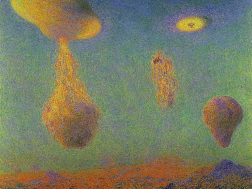 Prompt: study of the psychedelics dream bot mothership firefly net over the sublime sacred rock. painting by mikalojus konstantinas ciurlionis, monet, bosch, wayne barlowe, agnes pelton, rene magritte