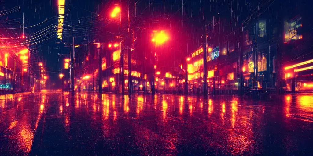 Image similar to rainy cyberpunk city street, neon lights, night time, dark, cinematic lighting, bokeh