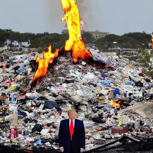 Prompt: trump on fire standing on top of a garbage dump, mar a lago