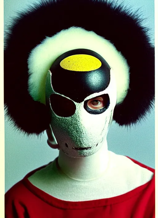 Prompt: realistic photo of a freestanding black helmet with pattern of white tiny dots, brass beak, white clay mask, ears made of white fluffy furry donuts 1 9 9 0, life magazine reportage photo, natural colors