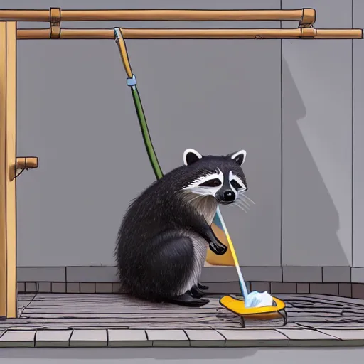 Image similar to raccoon dog doing his laundry, photorealistic, 4K