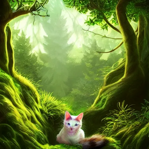 Prompt: shot of a cat in a green forest, wide aperture, intricate, highly detailed, artstation, sharp focus, artgerm