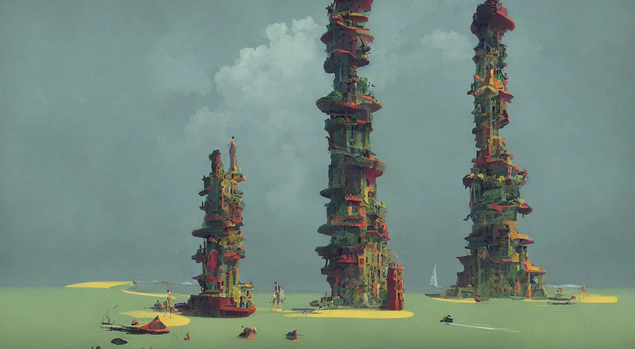 Prompt: single flooded simple! cosmic horror tower!, very coherent and colorful high contrast!! masterpiece by rene magritte simon stalenhag carl spitzweg syd mead norman rockwell edward hopper james gilleard, minimalist, dark shadows, sunny day, hard lighting