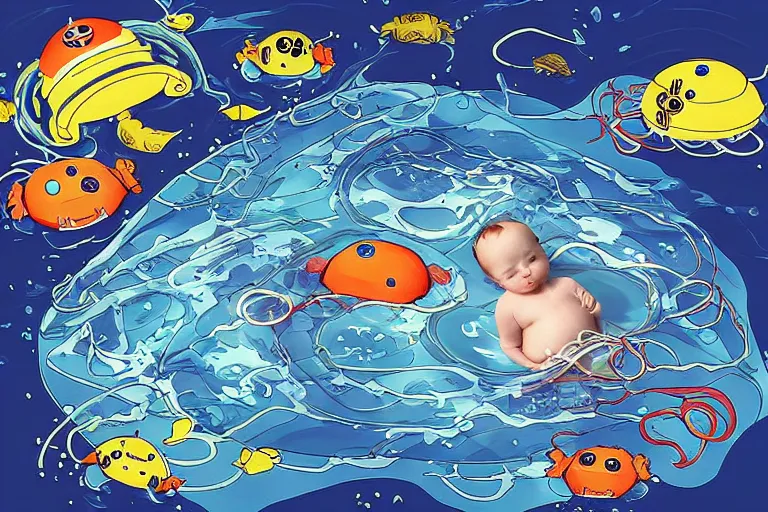 Prompt: “robot baby seals swimming through the Arctic Ocean, surrounded by fish and jellyfish, anime style”