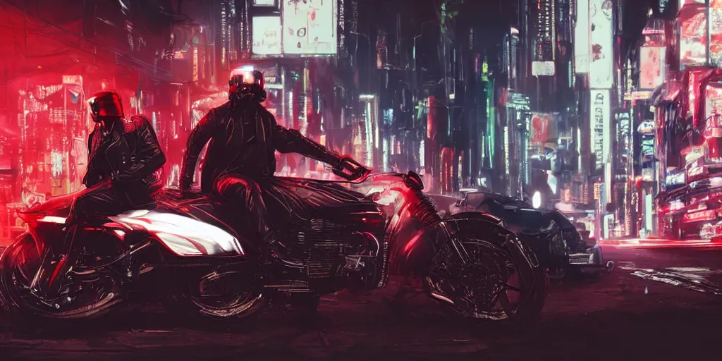 Image similar to man sitting on parked motorcycle. red black white leather jacket cyberpunk helmet. Black motorcycle orange emissive glowing wide angle shot long distance Bladerunner 2049 Wadim Kashin Wenjun Lin beautiful cyberpunk city night time