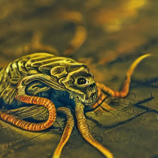 Prompt: bestiary of creatures from the depths of the unconscious psyche, in the style of a macro photograph with shallow dof