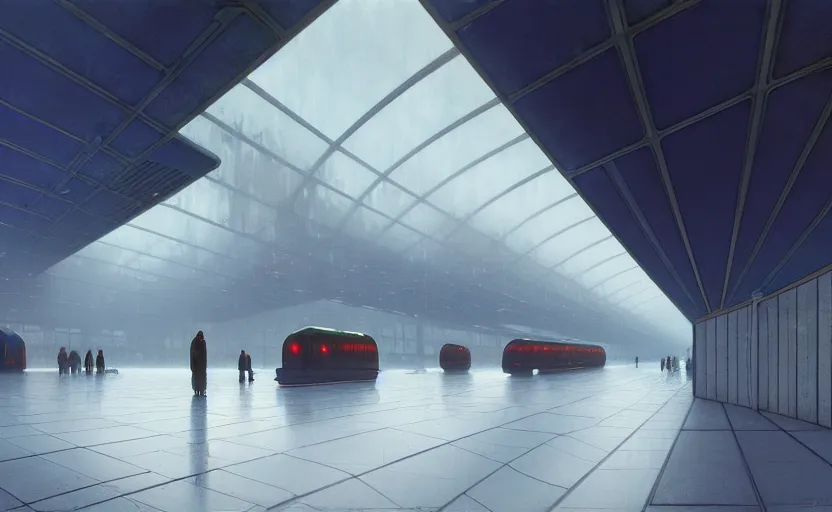 Prompt: painting of a wide angle exterior shot of a white modern futuristic utopian train station with cinematic lighting by peter zumthor and renzo piano, darek zabrocki and greg ruthkowski, alphonse mucha, simon stalenhag and cinematic and blue cold atmospheric, holy place, atmospheric, archillect concept art, artstation, trending on artstation